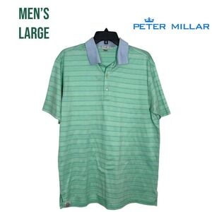 Peter Millar Polo Shirt Mens Large Green Blue Striped Cotton Golf Casual